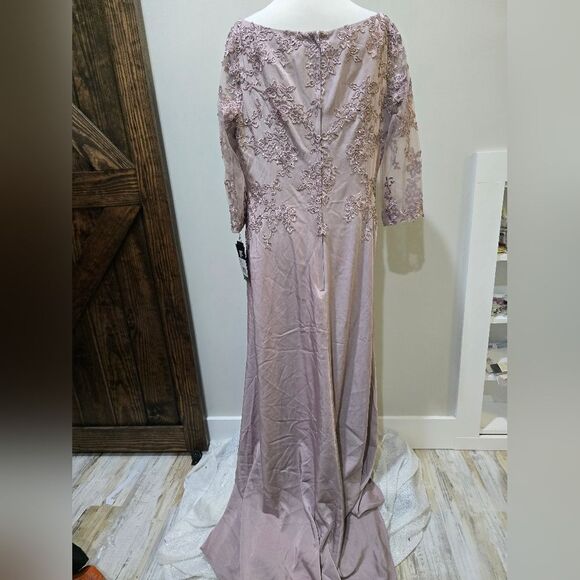 La Femme 29251 Illusion Sleeves Floral Top Dress NWT Sz 14 Light MAUVE/Pink - Picture 4 of 6